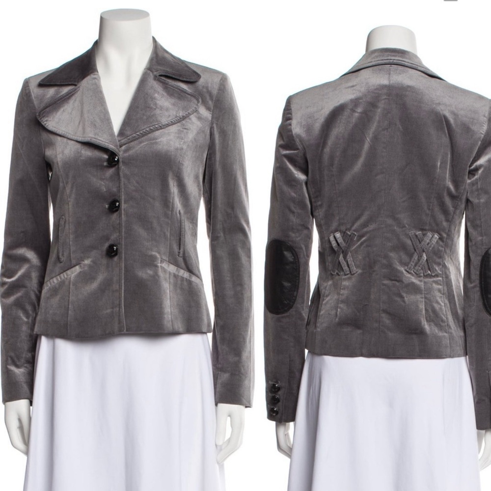 Emporio Armani Gray Velvet Blazer Jacket with Leather Elbow Patches Size 6 US